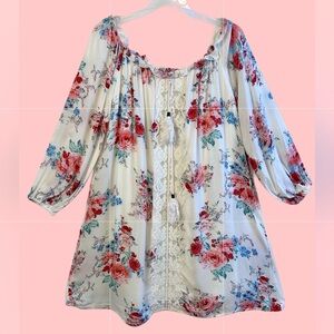 Women’s A-Line Long Sleeve Cottage Roses Pattern Short Dress / Size Medium